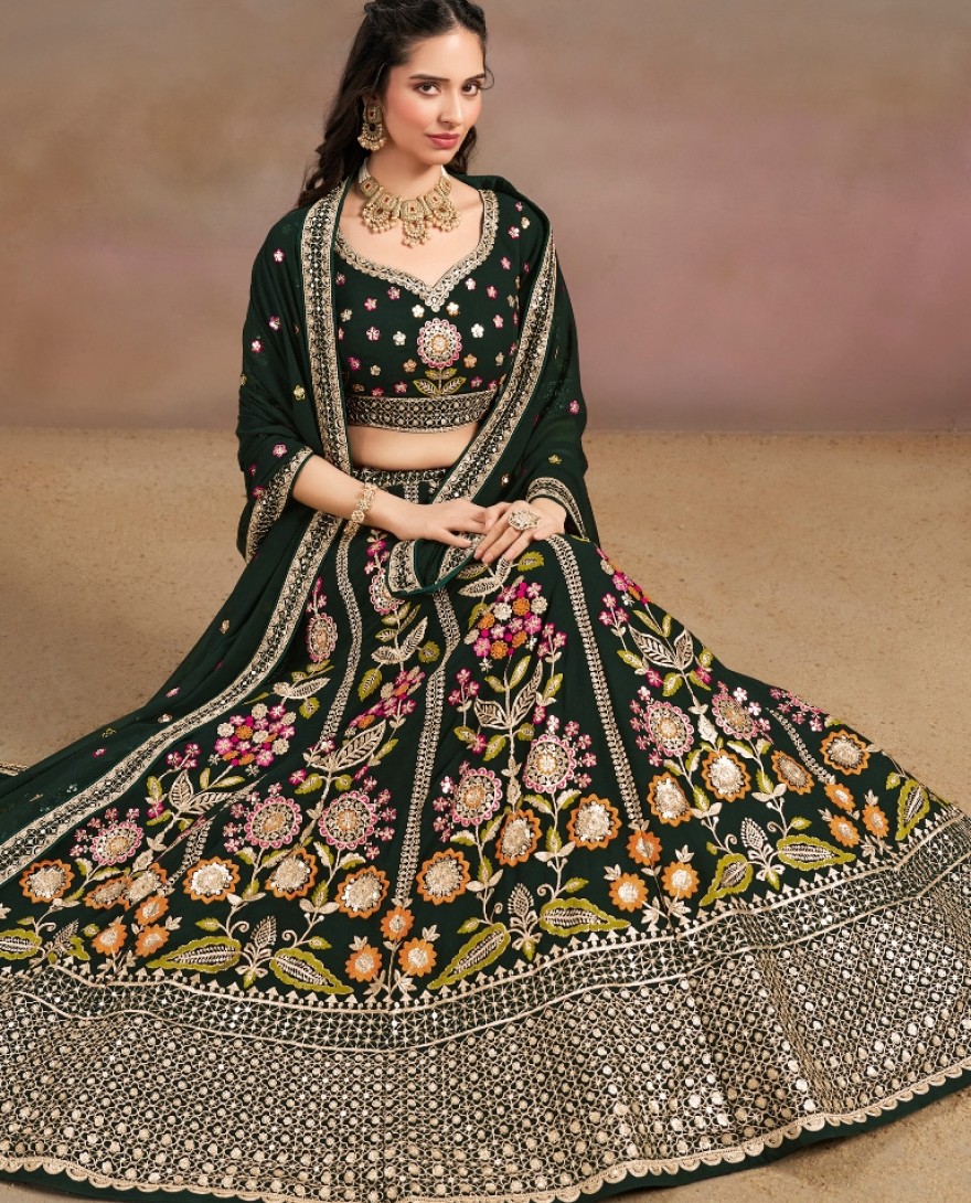 6008-GREEN - Stunning Green Thread Work Georgette Engagement Wear Lehenga With Blouse